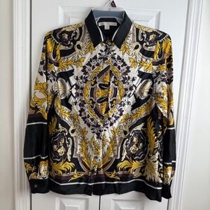 BOSTON PROPER‎ Baroque Scarf Print Blouse Sz 12 Black Gold Satin Button Front